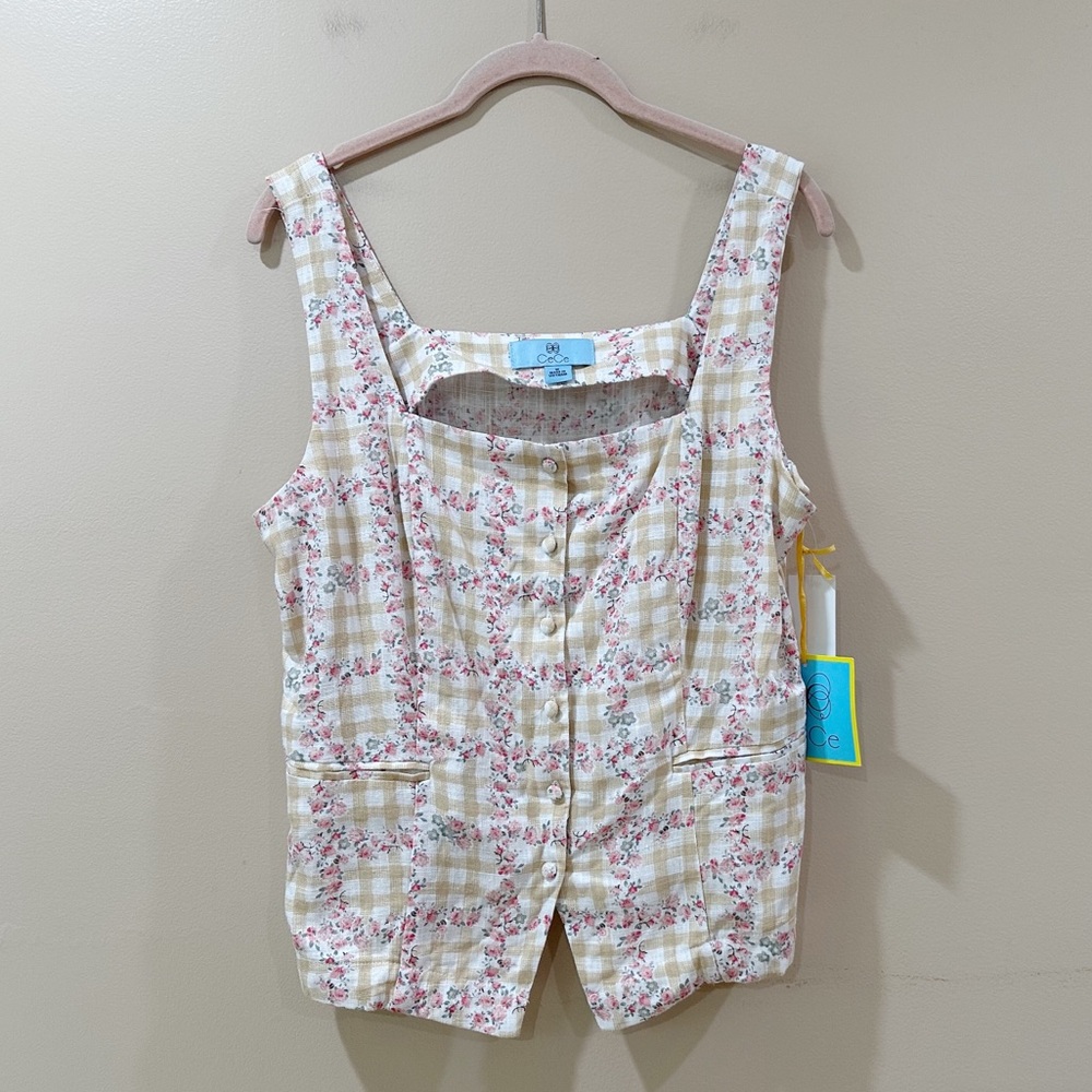 NWT Cece Floral Gingham Plaid Vest Top Tank Button Up Square Neck Women M